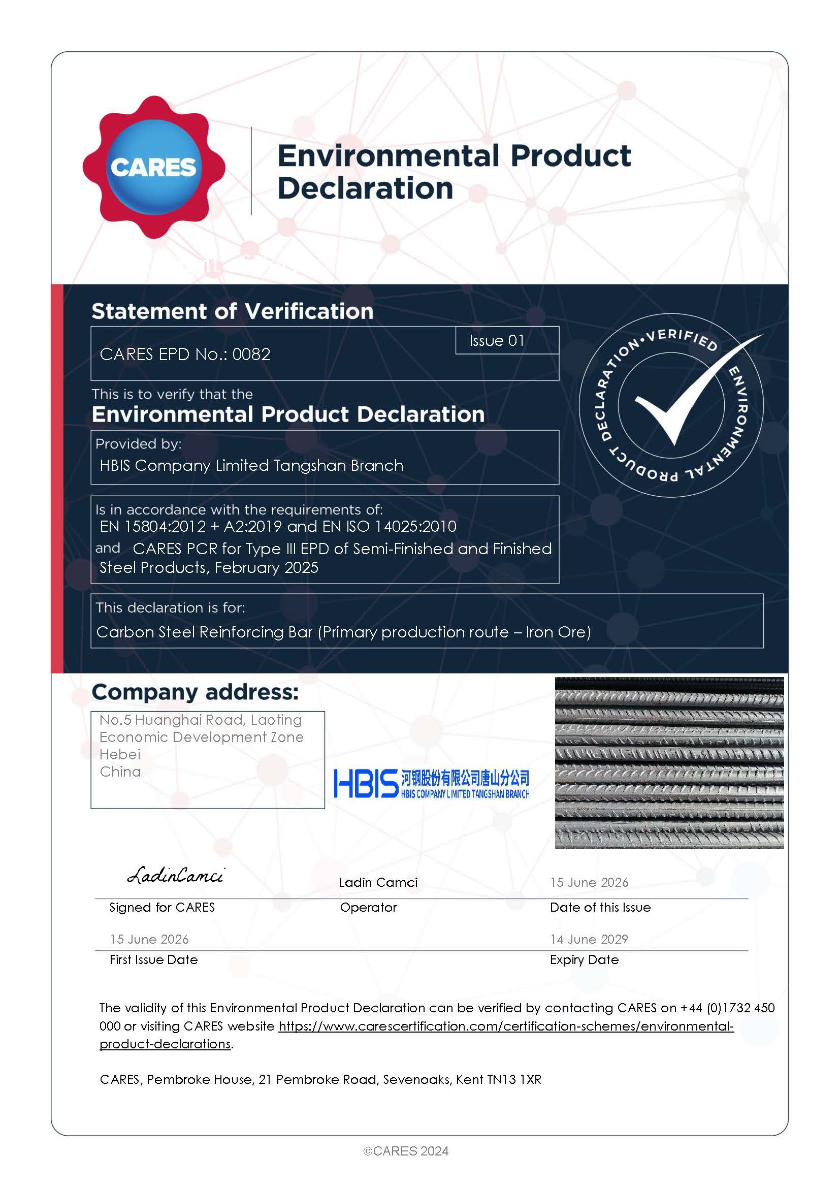 HBIS Company Limited Tangshan Branch EPD
